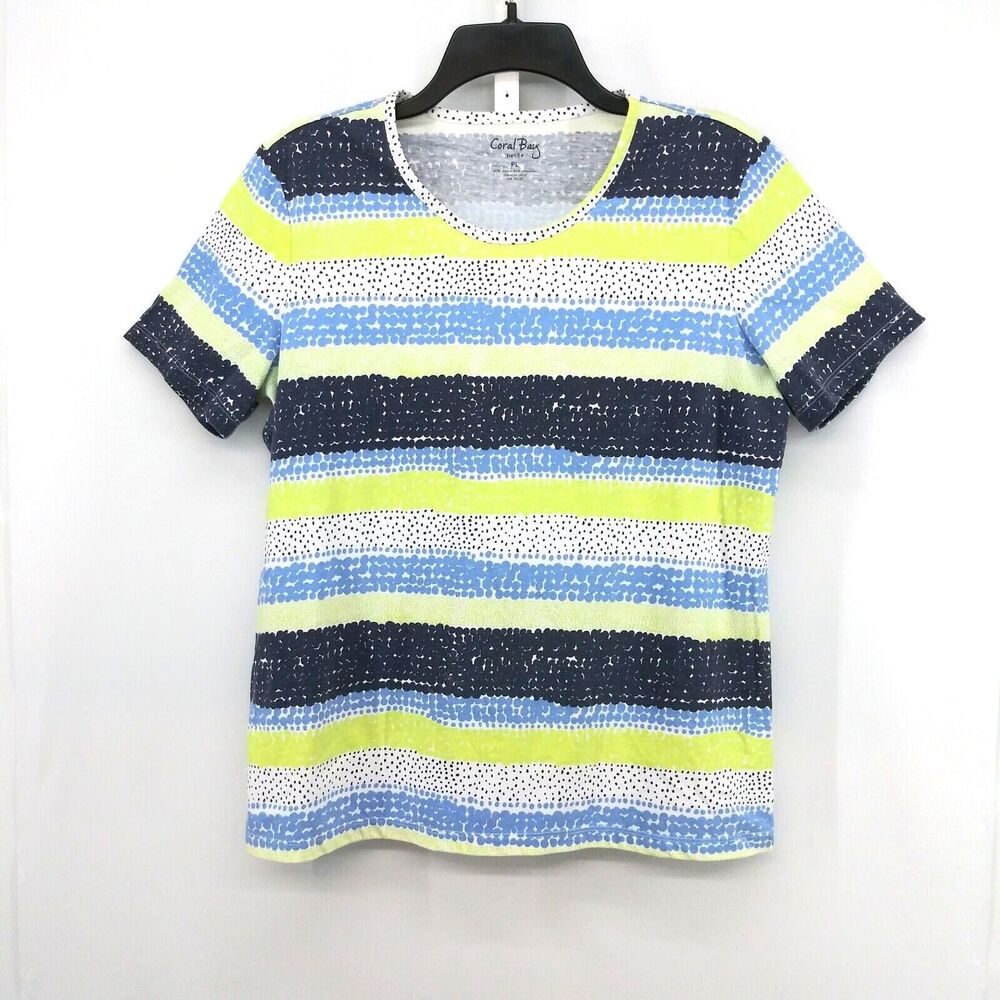Coral Bay Shirt Womens Size PL Lime Green Blue White Striped Short Sleeve Top